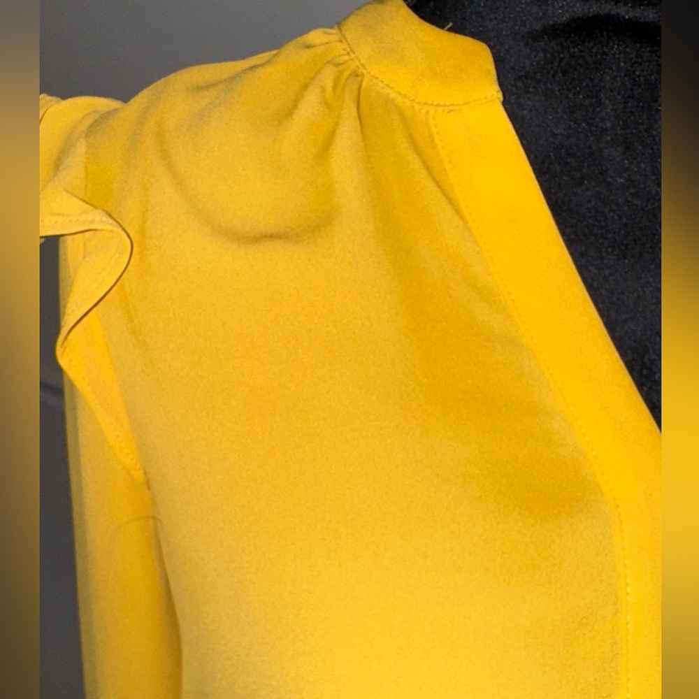 Ann Taylor Factory Mustard Ruffle Shoulder Long Sleeve Blouse – Size MP Petite - Picture 3 of 5